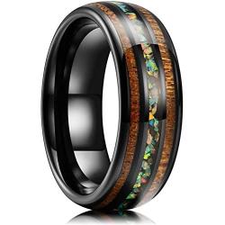 King Will 8mm Black Tungsten Carbide Wedding Band Acacia Mangium Opal Inlay Deisgn with Polished Edge