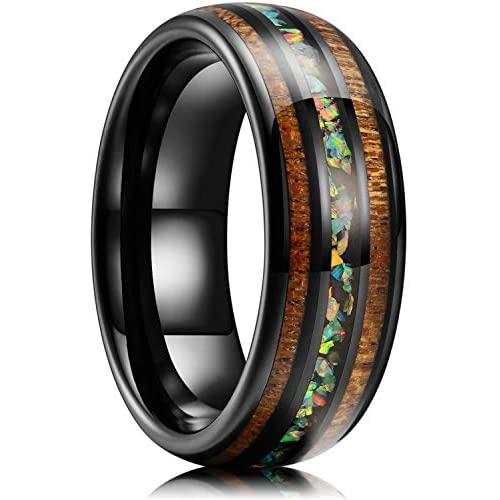 King Will 8mm Black Tungsten Carbide Wedding Band Acacia Mangium Opal Inlay Deisgn with Polished Edge