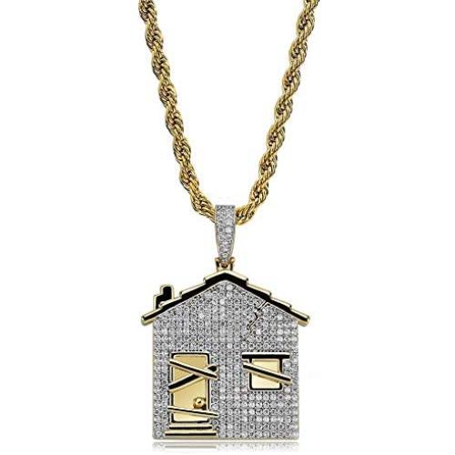 JINAO Hip Hop Trap House Pendant Iced Out Simulated Diamond Necklace with Rope Chain for Men