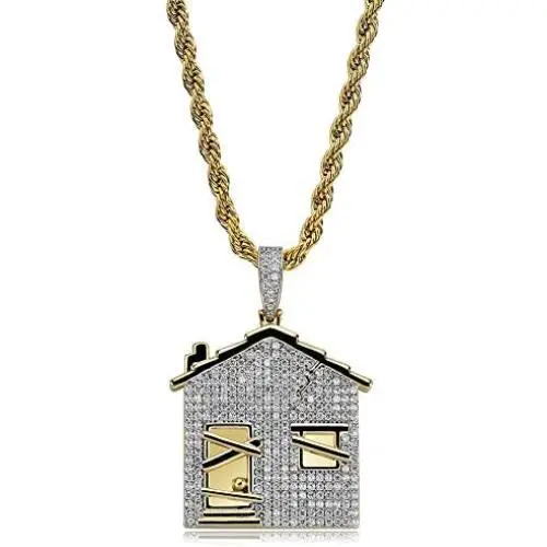 JINAO Hip Hop Trap House Pendant Iced Out Simulated Diamond Necklace with Rope Chain for Men JINAO Hip Hop Trap House Pendant Iced Out Simulated Diamond Necklace with Rope Chain for Men