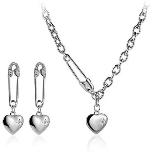 Crystal Paperclip Safety Pin Heart Pendant Necklace Earring for Women Girls Dainty Clip Drop Adjustable Chain Choker Personalized Jewelry Set Crystal Paperclip Safety Pin Heart Pendant Necklace Earring for Women Girls Dainty Clip Drop Adjustable Chain Choker Personalized Jewelry Set