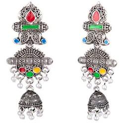Efulgenz Boho Vintage Antique Gypsy Tribal Indian Oxidized Gold Enamel Pearl Drop Jhumki Jhumka Dangle Earrings Set Jewelry