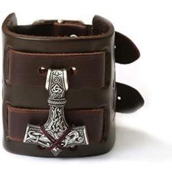 HAQUIL Viking Bracelet for Men - Viking Mjolnir Pendant - Nordic Brown Wide Leather Wristband