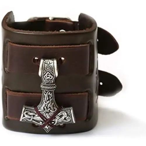 HAQUIL Viking Bracelet for Men - Viking Mjolnir Pendant - Nordic Brown Wide Leather Wristband HAQUIL Viking Bracelet for Men - Viking Mjolnir Pendant - Nordic Brown Wide Leather Wristband