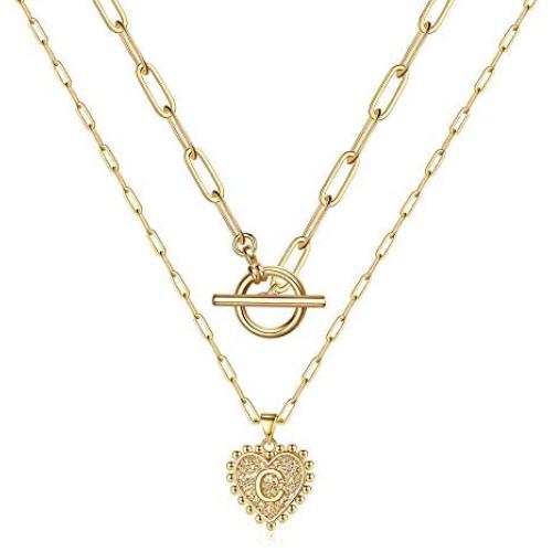 Layered Gold Initial Necklaces for Women, 14K Gold Plated Dainty Layering Paperclip Toggle Choker Chain Necklace Personalized Heart Initial Pendant Layered Necklaces for Women Gold Jewelry Gifts