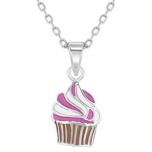 925 Sterling Silver Sweet Pink Enamel Cupcake Pendant Necklace for Girls 16''