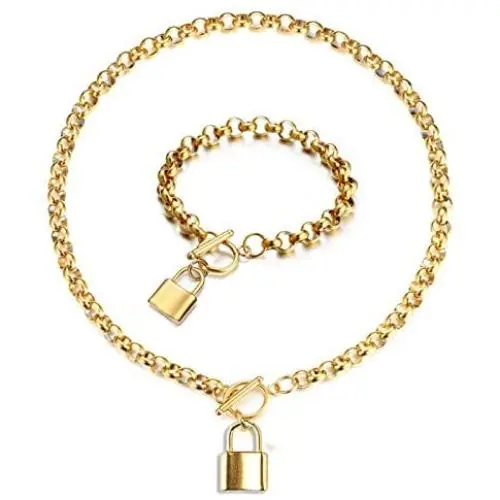 N/Q Punk Padlock Lock Love Heart Stainless Steel Pendant Necklace Bracelet for Women Men Teen Girls Boys 18K Gold Silver Plated Rock Gothic Hip Hop Link Paperclip Chain Jewelry Set