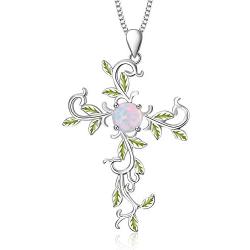 SOULMEET Cross Pendant Necklace Jewelry Gift for Women, Sterling Silver Simulated Opal White Gold Plated Leaf Necklace for Love God We Trust