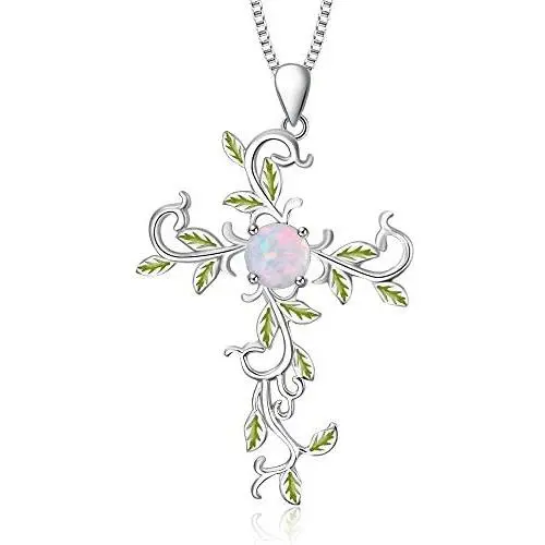 SOULMEET Cross Pendant Necklace Jewelry Gift for Women, Sterling Silver Simulated Opal White Gold Plated Leaf Necklace for Love God We Trust