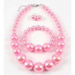 Shineland Simple Large Big Simulated Pearl Statement Necklace Bracelet and Earrings Jewelry Set (Pink)