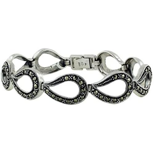 Silver Empire Fine Jewelry | 925 Sterling Silver Marcasite Bracelet 7.5 Inches Pave Marcasite Open Teardrop Link Gemstone Fancy Fine Jewelry Gifts for Women for Her