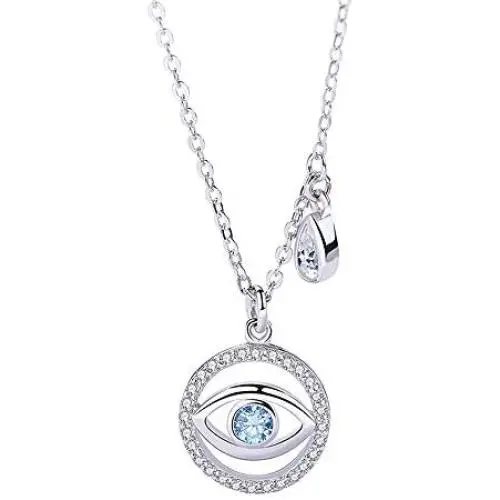 925 Sterling Silver Blue Evil Eye In Circle Teardrop CZ Pendant Necklace, ,Rolo Chan 16''+2''