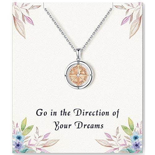 Go in The Direction of Your Dreams Sterling Silver Compass Necklace -Inspirational Gifts for Women, Graduation Gifts for Her, Going Away Gift for Coworker Friends Female