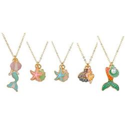 5pcs Pendant Necklaces for Kids Girls Mermaid Starfish Conch Pendants Tiny Gold Plated Play Necklace Jewelry Party Favors Gifts for Little Girls Daughter