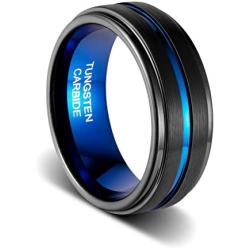 TUSEN JEWELRY Promise Rings 8mm Thin Blue Line Plated Tungsten Ring