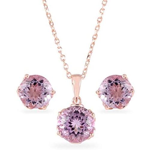 ATELIER PINKCITY Pink Amethyst Necklace and Stud Earring Set 925 Sterling Silver 18K Rose Gold Plated 16 Inches with 2'' Extension Gemstone Birthstone Sets for Women