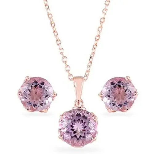 ATELIER PINKCITY Pink Amethyst Necklace and Stud Earring Set 925 Sterling Silver 18K Rose Gold Plated 16 Inches with 2'' Extension Gemstone Birthstone Sets for Women