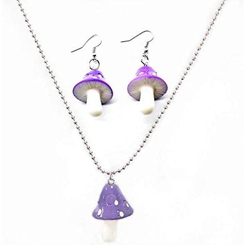 Cute Colorful Mushroom Dangling Earrings Necklace Set - Handmade Gummy Mushrooms Necklaces Rainbow Colored 3D Vegetables Food Jewelry Chains for Women Girls Daughters