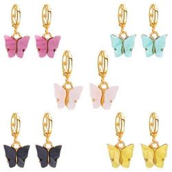 5 Pairs Butterfly Earrings Acrylic Gold Colored Drop Earrings Sweet Colorful Animal Butterfly Stud Earrings Boho Delicate Insect Dangle Earrings Party Jewelry for Women Girl