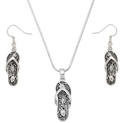 Liavys Sea Turtle Flip-Flop Sandal Charm Pendant Fashionable Necklace & Earrings Set - Fish Hook - 17'' Snake Style Chain - Unique Gift and Souvenir