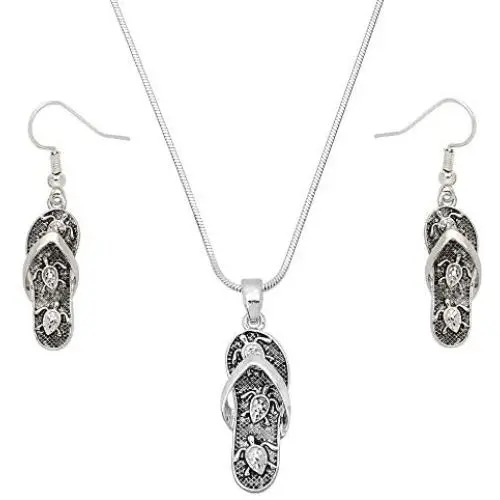 Liavys Sea Turtle Flip-Flop Sandal Charm Pendant Fashionable Necklace & Earrings Set - Fish Hook - 17'' Snake Style Chain - Unique Gift and Souvenir Liavys Sea Turtle Flip-Flop Sandal Charm Pendant Fashionable Necklace & Earrings Set - Fish Hook - 17'' Snake Style Chain - Unique Gift and Souvenir