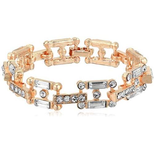 Steve Madden Womens Rhinestone Square Link Rose Gold-Tone Bracelet