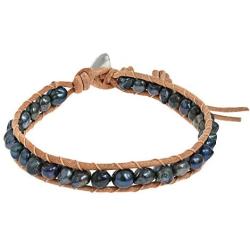 AeraVida Cultured Freshwater Black Pearl Nude Leather Bracelet