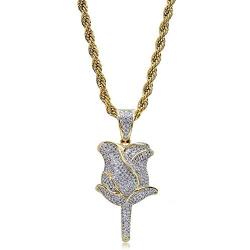 MoCa Jewelry Unisex Hip Hop Iced Out Bling Novelty Rose Flora Flower Pendant Necklace with 24 Inch Stainless Steel Rope Chain for Men Women