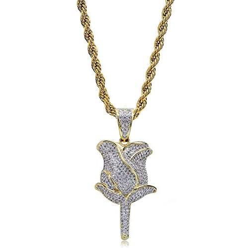 MoCa Jewelry Unisex Hip Hop Iced Out Bling Novelty Rose Flora Flower Pendant Necklace with 24 Inch Stainless Steel Rope Chain for Men Women