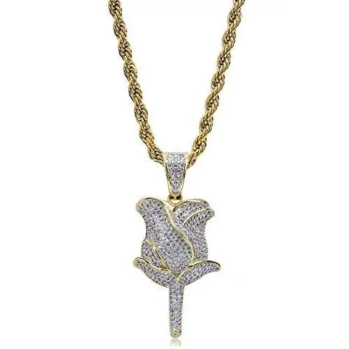 MoCa Jewelry Unisex Hip Hop Iced Out Bling Novelty Rose Flora Flower Pendant Necklace with 24 Inch Stainless Steel Rope Chain for Men Women