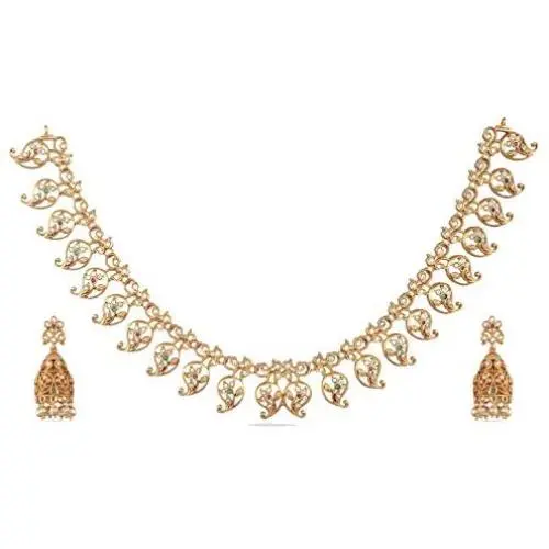 Tarinika Zeel Antique Gold-Plated Indian Jewelry Set with Necklace and Earrings - White Red Green Tarinika Zeel Antique Gold-Plated Indian Jewelry Set with Necklace and Earrings - White Red Green