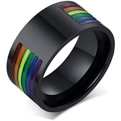 yfstyle Rainbow LGBT Pride Ring for Gay Lesbian 10mm LGBTQ Engagement Rings for Men Stainless Steel Enamel Pride Bands Black Silver Size 7-12 Jewelry Gifts