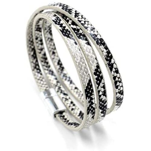 HUNO Multilayer Leopard Textured Cuff Bracelets Magnetic Buckle Snakeskin PU Leather Wrap Cuff Bangle for Women Girls
