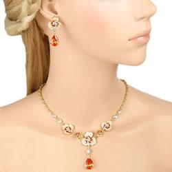 EVER FAITH Womens Zircon Crystal Enamel 3 Flowers Tear Drop Necklace Earrings Set Gold-Tone