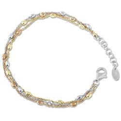 Sterling Silver Italian Tri-Color Triple Strand Oval Beaded 7+1'' Bracelet