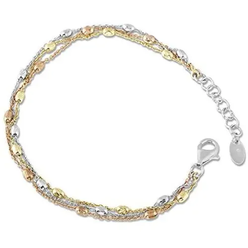 Sterling Silver Italian Tri-Color Triple Strand Oval Beaded 7+1'' Bracelet