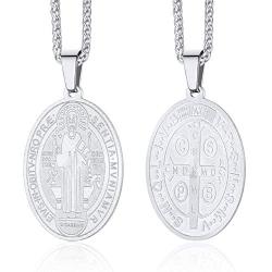 ChainsPro St. Benedict Necklace for Men, Catholic Medallion Pendant with Chain, Prayer Jewelry Gift, 18K Gold Plated/Stainless Steel (Send Gift Box)