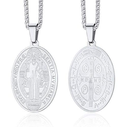 ChainsPro St. Benedict Necklace for Men, Catholic Medallion Pendant with Chain, Prayer Jewelry Gift, 18K Gold Plated/Stainless Steel (Send Gift Box)