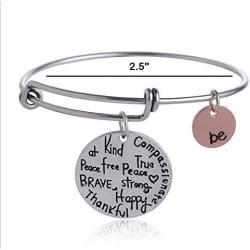 Expandable Inspirational Jewelry Women Charm Stackable Bracelet, “Be Thankful, Brave, Happy, Kind, True, Compassionate, Strong”, Gift Girls Her