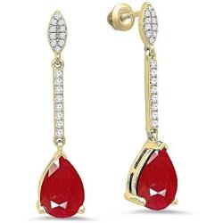 Dazzlingrock Collection 10K 10X7 MM Each Pear Lab Created Gemstone & Round Diamond Ladies Teardrop Dangling Drop Earrings, Yellow Gold