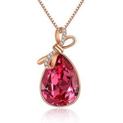 Quinby Bow Necklace for Women 18K Rose Gold Plated TearDrop Necklaces for Girls Embellished with Rose Pink Crystals from Swarovski Birthday Jewelry Gift for Women Mom