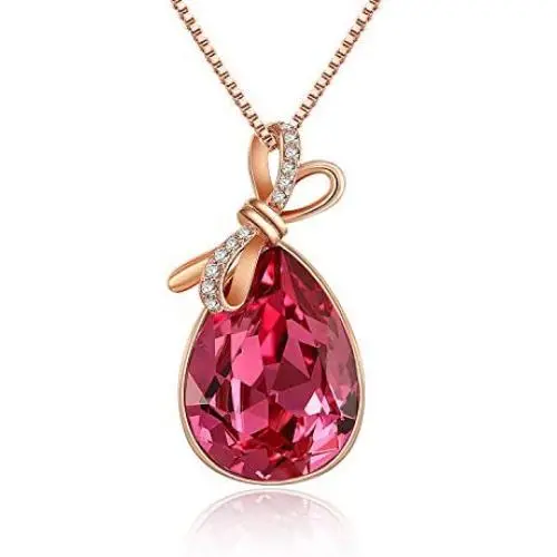 Quinby Bow Necklace for Women 18K Rose Gold Plated TearDrop Necklaces for Girls Embellished with Rose Pink Crystals from Swarovski Birthday Jewelry Gift for Women Mom Quinby Bow Necklace for Women 18K Rose Gold Plated TearDrop Necklaces for Girls Embellished with Rose Pink Crystals from Swarovski Birthday Jewelry Gift for Women Mom