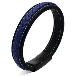 Mens Leather Bracelet Blue and Black Leather Braided Bracelet with Black Stainless Steel Magnetic Buckle
