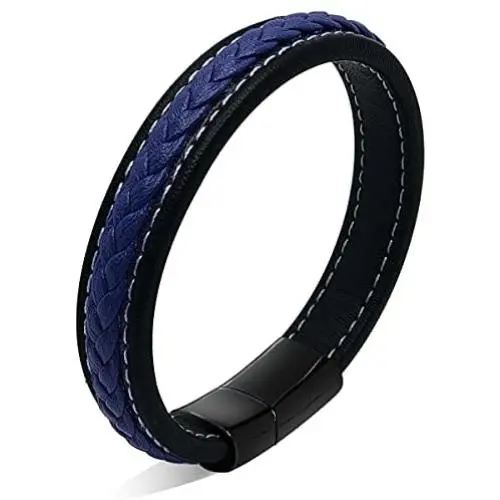 Mens Leather Bracelet Blue and Black Leather Braided Bracelet with Black Stainless Steel Magnetic Buckle