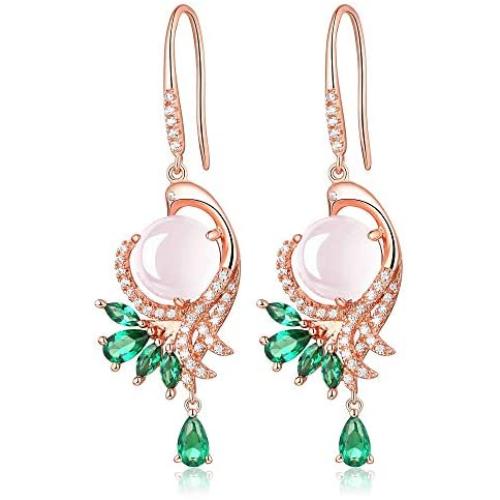 HXZZ Fine Jewelry Women Gifts Sterling Silver Natural Gemstone Amethyst and Rose Quartz Drop Dangle Hook Earrings Phoenix Design Style