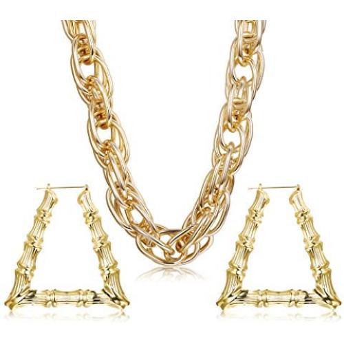 Hanpabum Gold Plated Chunky Rope Chain Necklace and Large Hollow Casting Triangle Bamboo Hoop Earrings Set for Men Women Costume Jewelry Punk Hip Hop Rapper Style