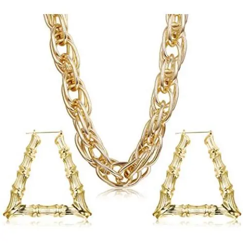 Hanpabum Gold Plated Chunky Rope Chain Necklace and Large Hollow Casting Triangle Bamboo Hoop Earrings Set for Men Women Costume Jewelry Punk Hip Hop Rapper Style Hanpabum Gold Plated Chunky Rope Chain Necklace and Large Hollow Casting Triangle Bamboo Hoop Earrings Set for Men Women Costume Jewelry Punk Hip Hop Rapper Style