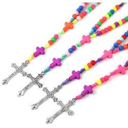 HZMAN Colorful Rosary INRI Crucifix Cross Pendant Prayer Stainless Steel Necklace Jewelry for Women