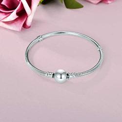 LONAGO Jewelry Moments Round Clasp Snake Chain Charm 925 Sterling Silver Bracelet Fit Pandora Charm Birthday Gift for Women Mom