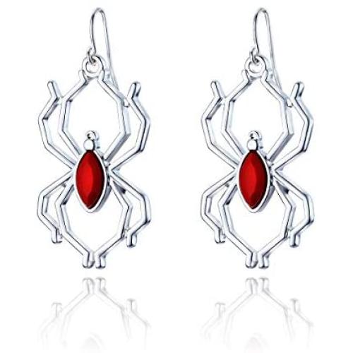 RareLove Gothic Halloween Costumes Earrings Silver Spider with Red Rhinestone Dangle Earrings For Women Girls Alloy Plated